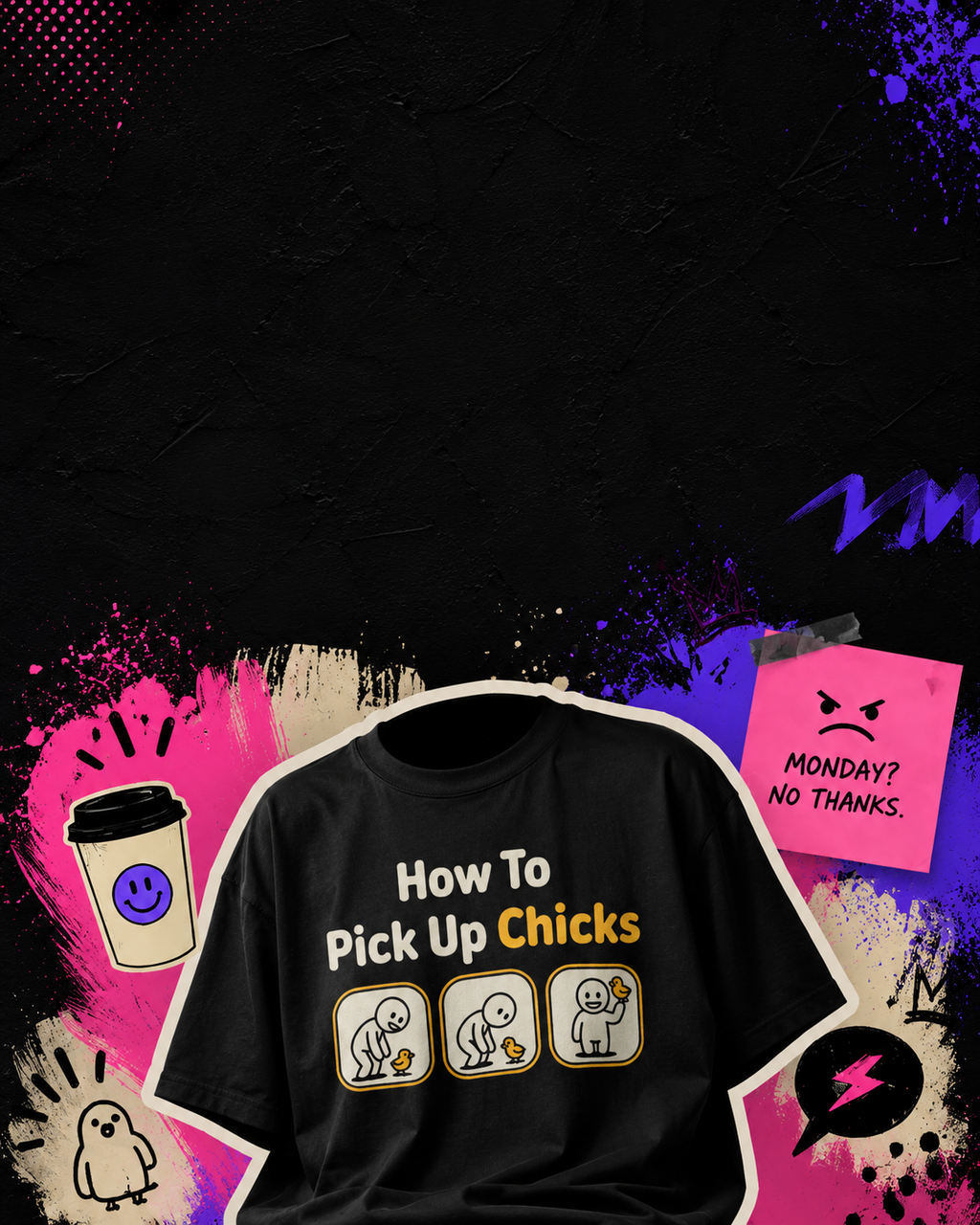 Black sweatshirt with 'How To Pick Up Chicks' text and graphics on a colorful abstract background