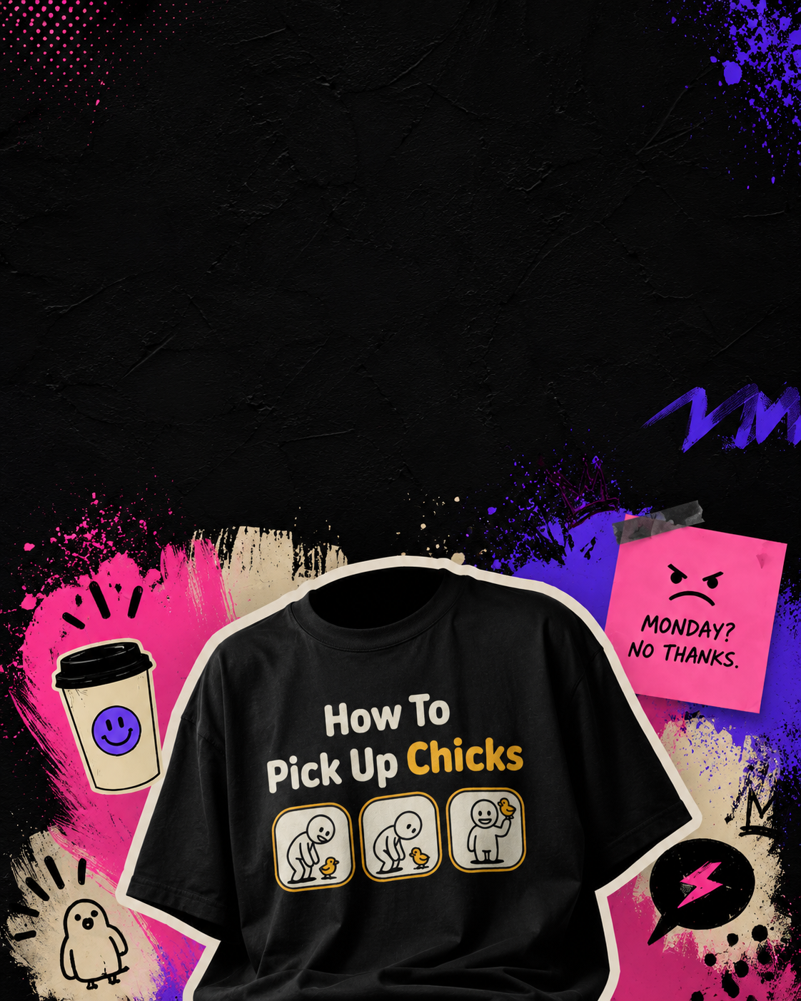 Black sweatshirt with 'How To Pick Up Chicks' text and graphics on a colorful abstract background