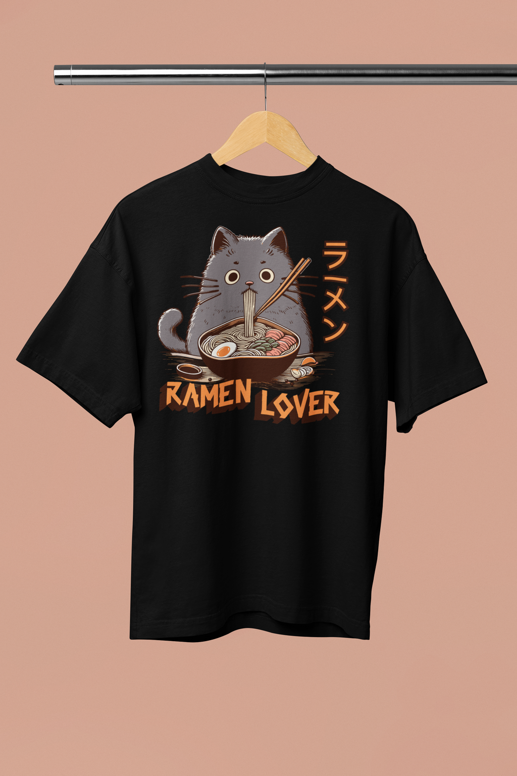 Black t-shirt with a cat eating ramen graphic and 'Ramen Lover' text on a beige background