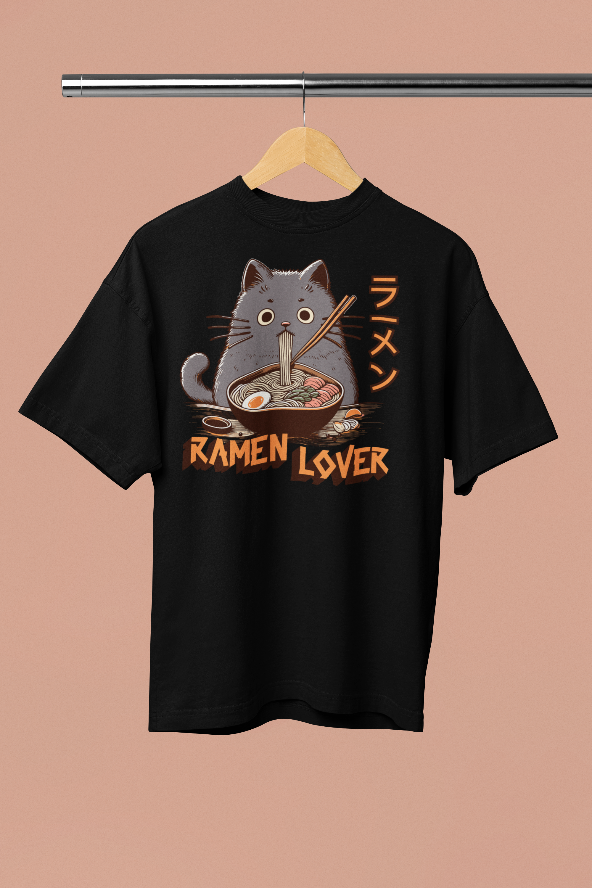 Black t-shirt with a cat eating ramen graphic and 'Ramen Lover' text on a beige background