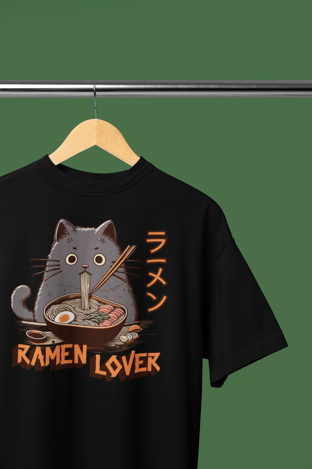Black t-shirt with a cat eating ramen graphic and 'Ramen Lover' text on a hanger.