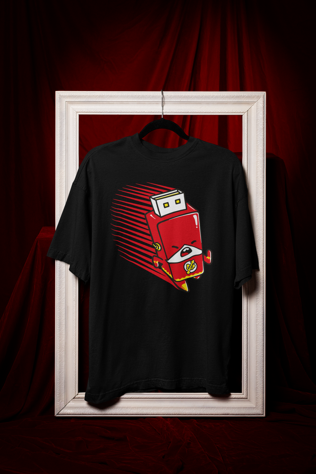 Black t-shirt with a red robot graphic on a dark background