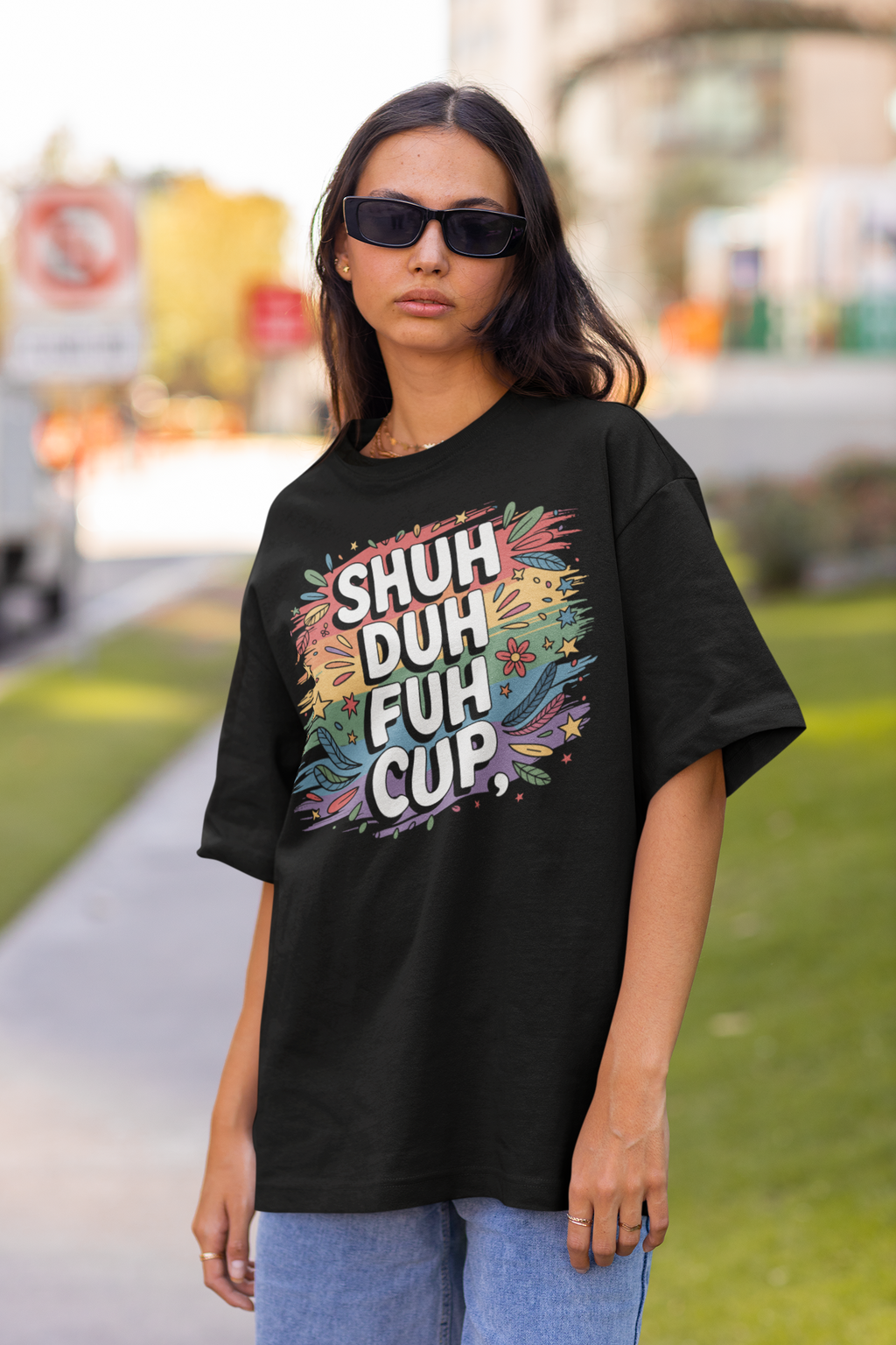 Person wearing a black t-shirt with colorful text and graphics on a street background